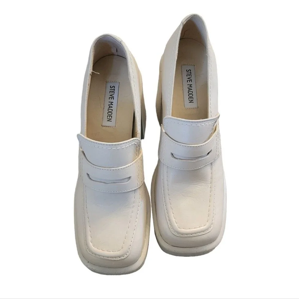 Steve Madden Fulfill Bone Leather Heeled Chunky Platform Penny Loafers Size 7